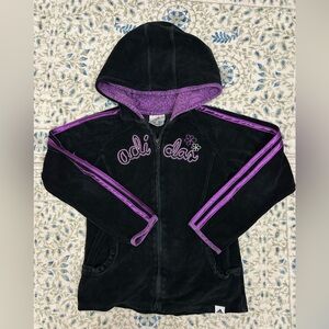 Girls Adidas Black Purple Velour Zip Up Hooded Track Sweatshirt